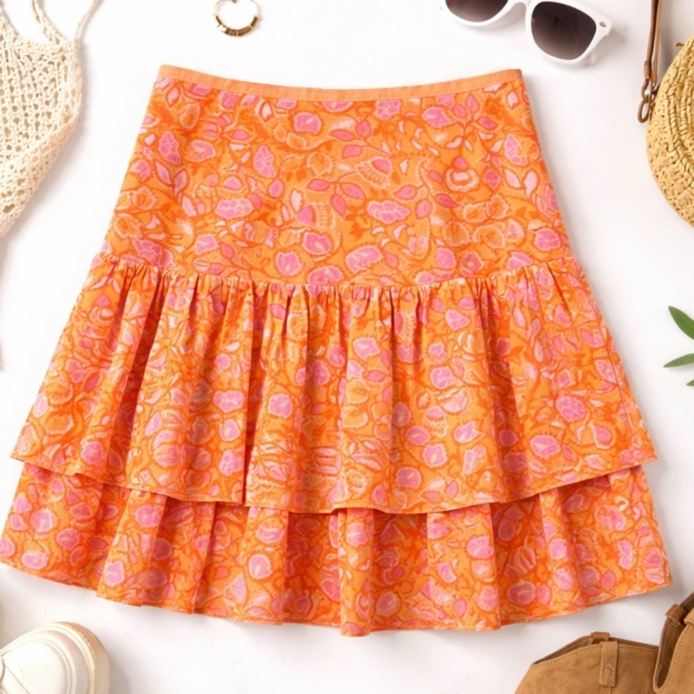 Y2K Boho Festival Tiered Ruffle Mini Skirt Retro Mod Floral Orange Pink XS A012